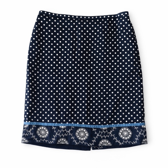 LOFT Dresses & Skirts - LOFT Navy and White Polka Dot Pencil Skirt with Embroidered Hem